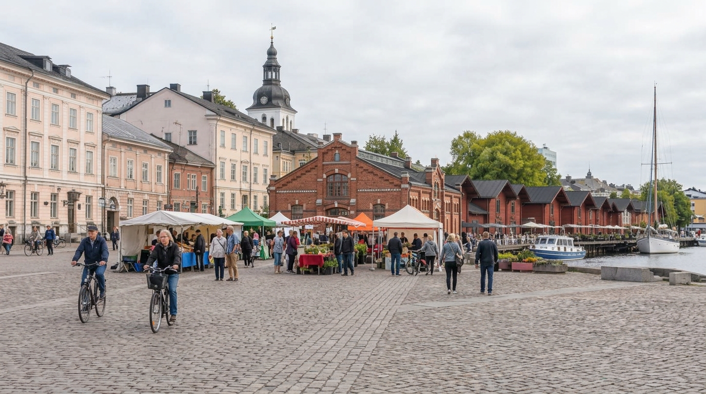 Oulun kauppatoria esittävä tekoälykuva, torikojuja ja punatiilinen kauppahalli