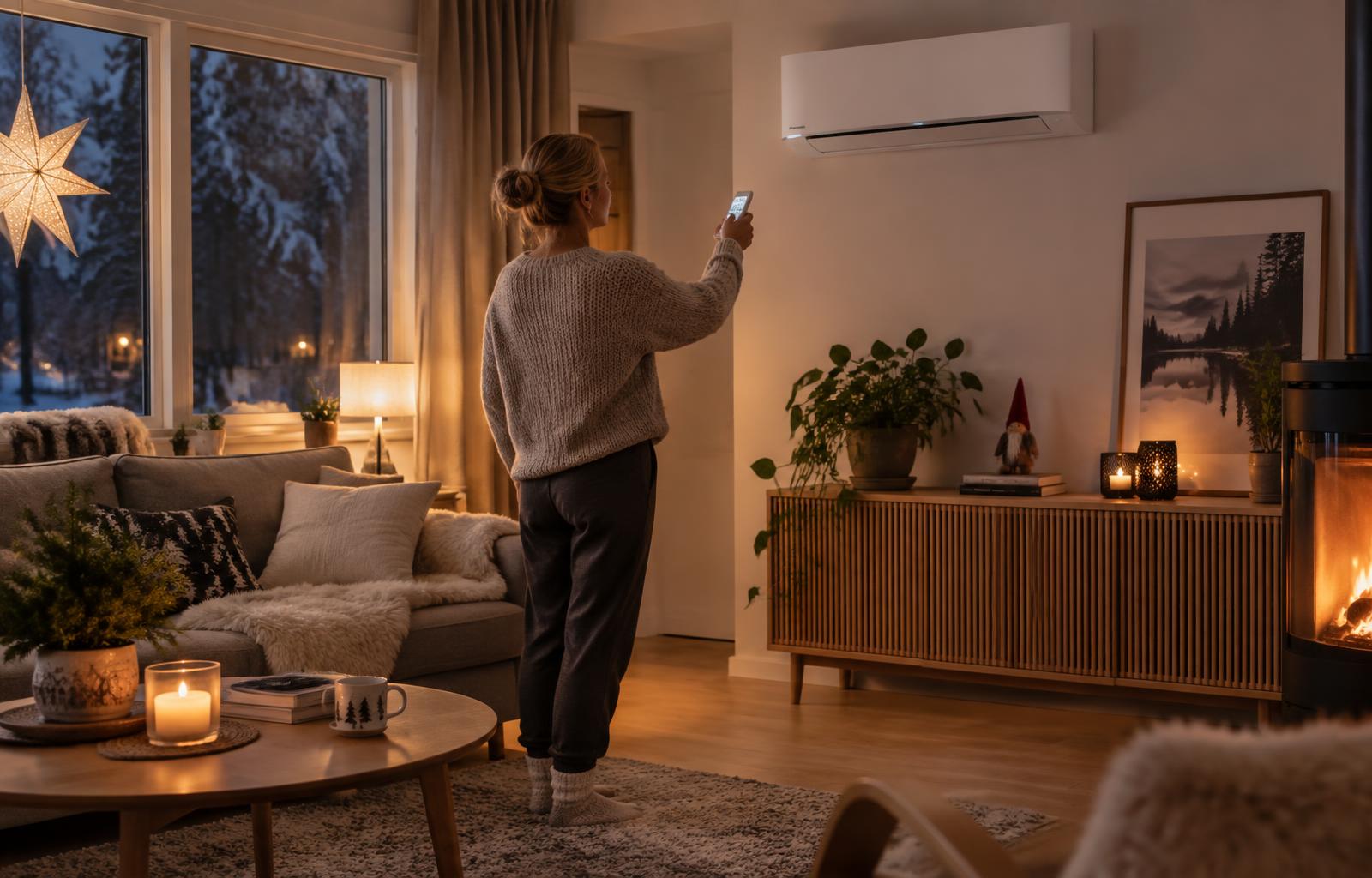 Ilmalämpöpumpun sisäyksikkö talvisen kodin olohuoneen seinällä